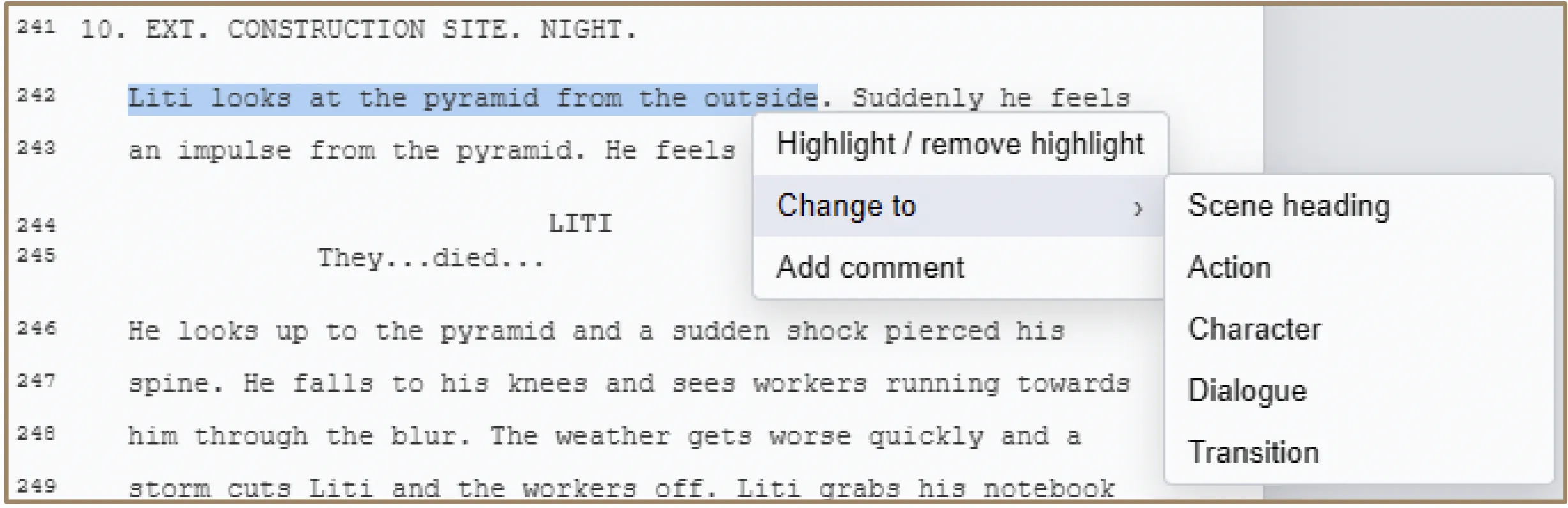 Context menu showing Change to options with Scene Heading, Action, Character, Dialogue, and Transition types